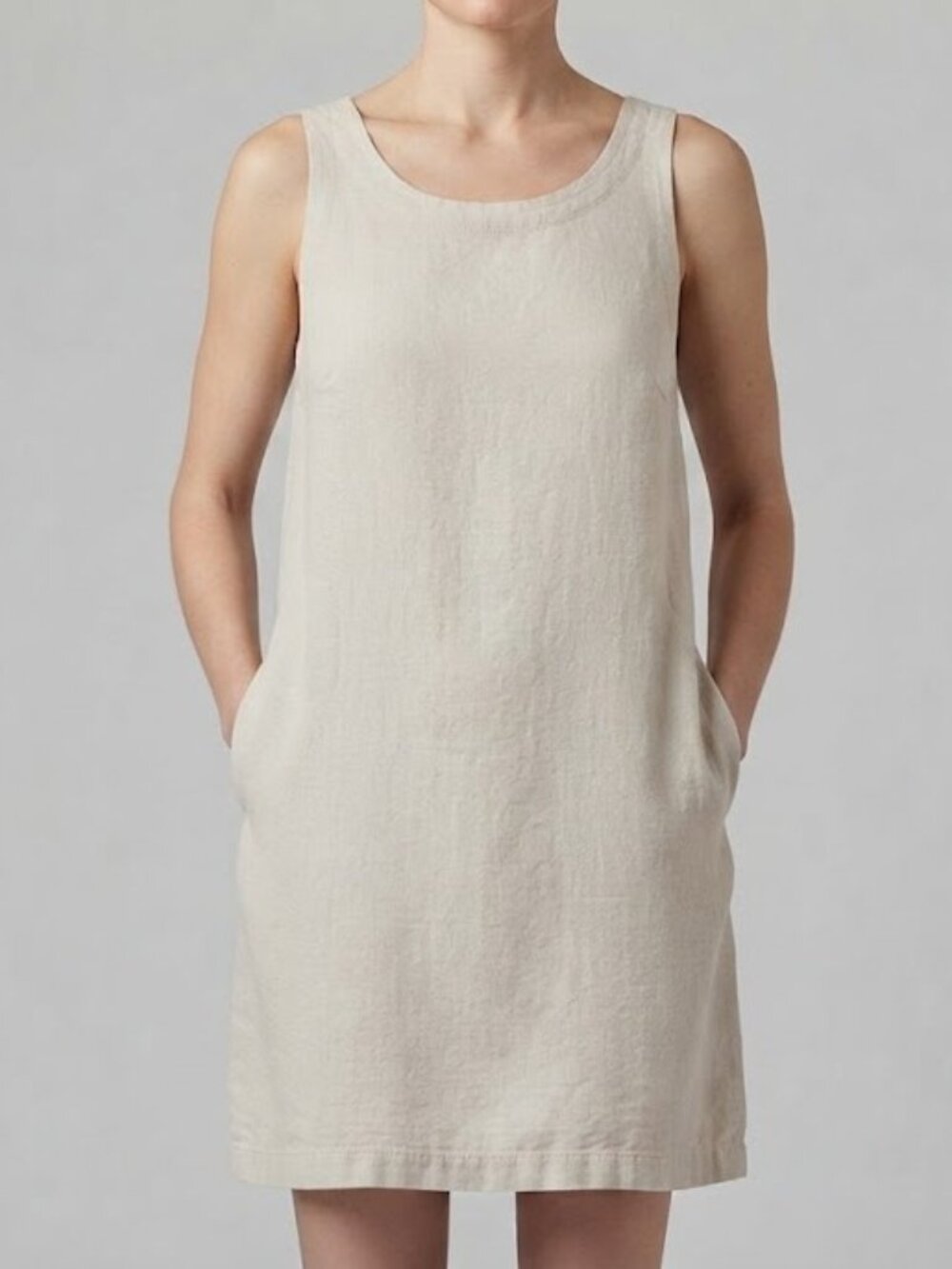 Beige Linen Mini Dress with Pockets